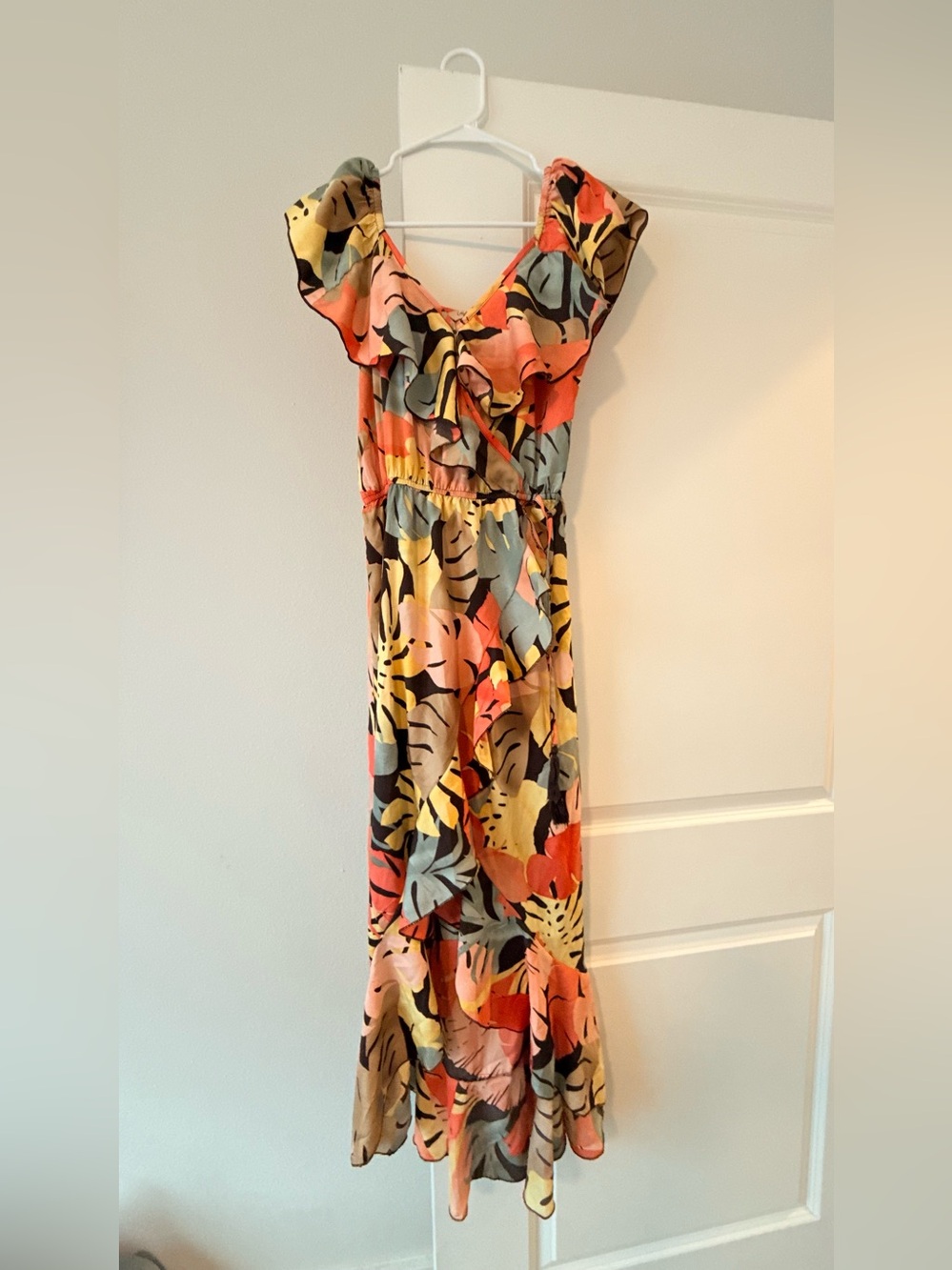 indulge Coral, Yellow & Blue Tropical Ruffle Maxi Dress